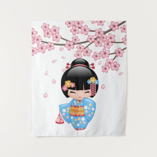 Tapiz Muñeca Maiko Kokeshi - Niña Geisha de Kimono Azul