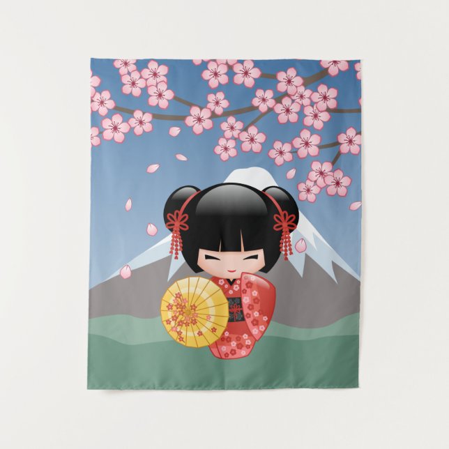 Tapiz Muñeca Sakura Kokeshi roja - Geisha japonesa banal (Anverso)