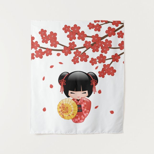 Tapiz Muñeca Sakura Kokeshi roja - Geisha japonesa banal (Anverso)