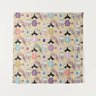 Tapiz Muñecas japonesas - Gatos Kokeshi y Maneki Neko