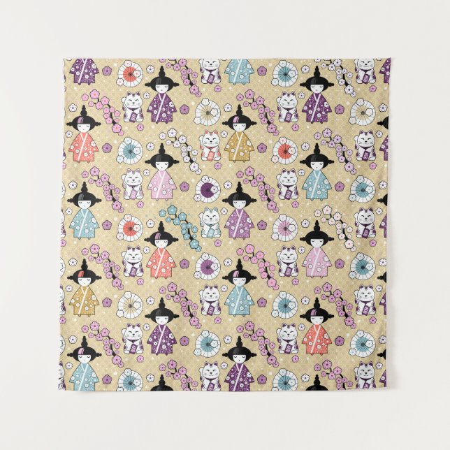 Tapiz Muñecas japonesas - Gatos Kokeshi y Maneki Neko (Anverso)