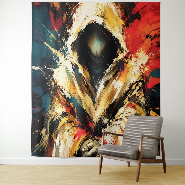 Tapiz Mysterious Hooded Figure – Bold Abstract (In situ)