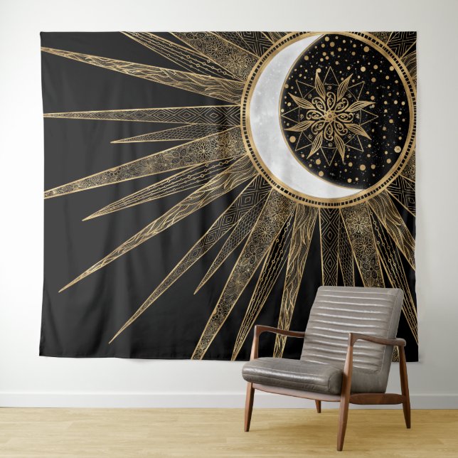 Tapiz Mystic Black Gold Sun Moon Mandala (In situ (horizontal))