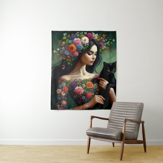Tapiz Mystic Floral Goddess with Black Cat – Fantasy Art (In situ)