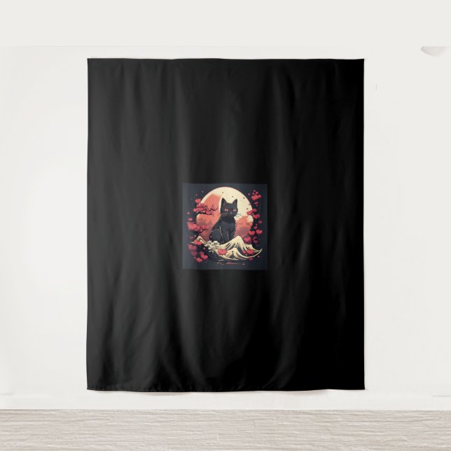 Tapiz Mystical Sakura Night_ Black Cat con Luna llena (Anverso)