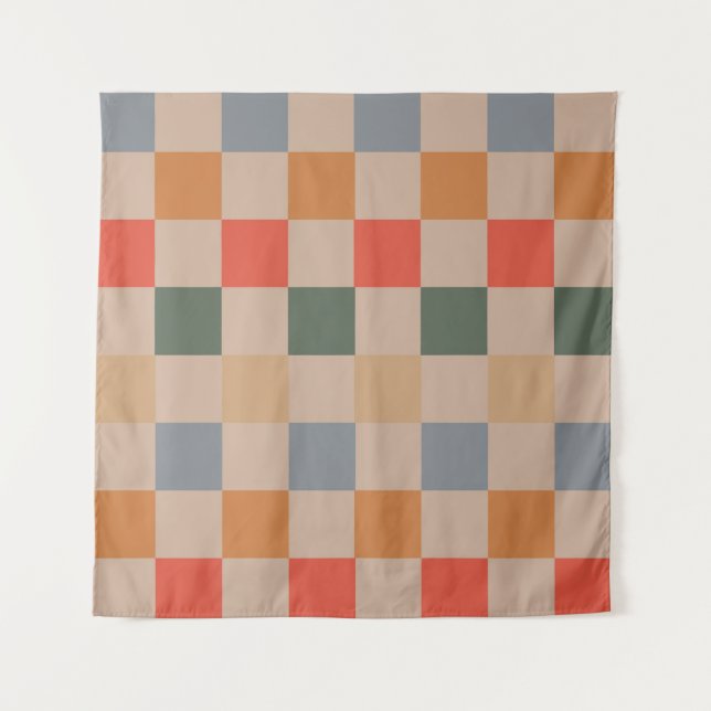 Tapiz Naranja azul beige Brown Checkered Gingham Pattern (Anverso)