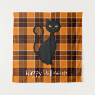 Tapiz Naranja Black Tartan Plaid Black Cat Halloween