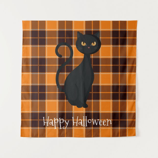 Tapiz Naranja Black Tartan Plaid Black Cat Halloween (Anverso)