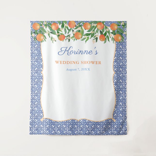 Tapiz Naranja Cobalt Blue Wedding Shower Foto de fondo (Anverso)