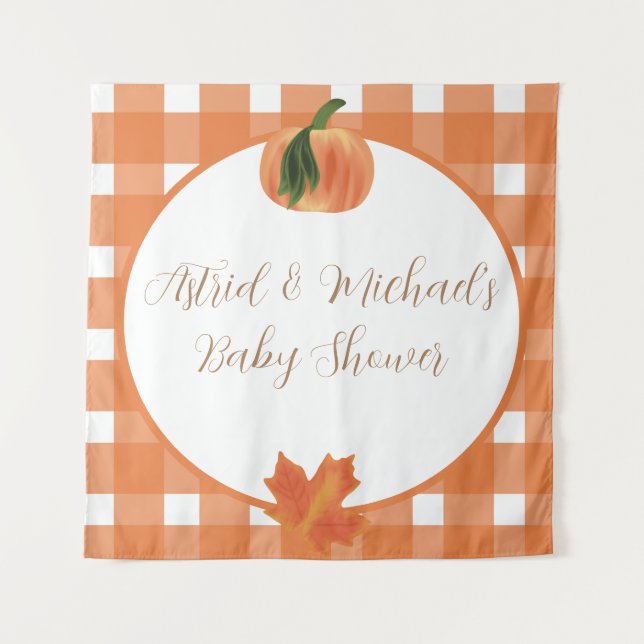 Tapiz Naranja de calabaza Gingham Fall Baby Shower (Anverso)