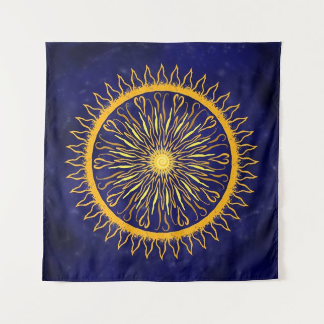 Tapiz Naranja de oro de Sun Mandala sobre azul celestial (Anverso)