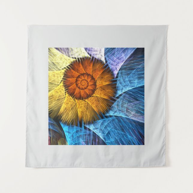 Tapiz Naranja floral Azul amarillo abstracto arte (Anverso)