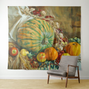Tapiz Naturaleza muerta de cosecha rústica con calabazas