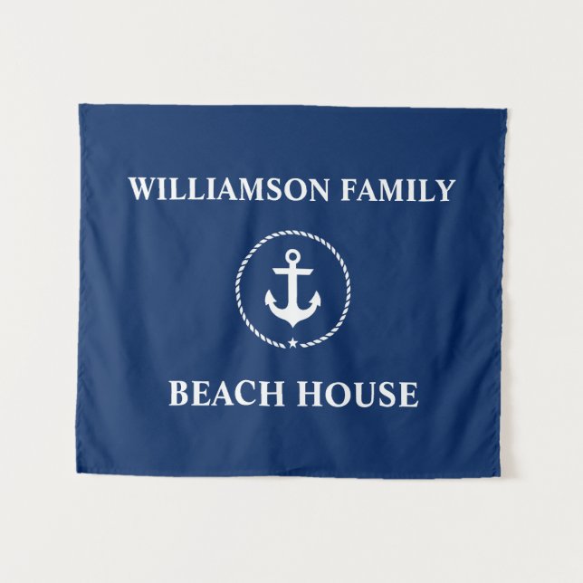 Tapiz Nautical Beach House Nombre de familia Marina Azul (Anverso (horizontal))