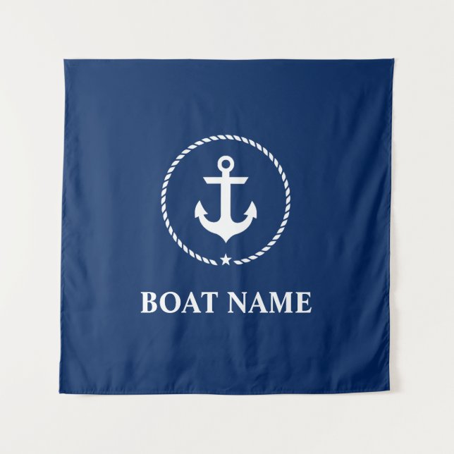 Tapiz Nautical Bote Name Anchor Rope Naval Plaza Azul (Anverso (horizontal))