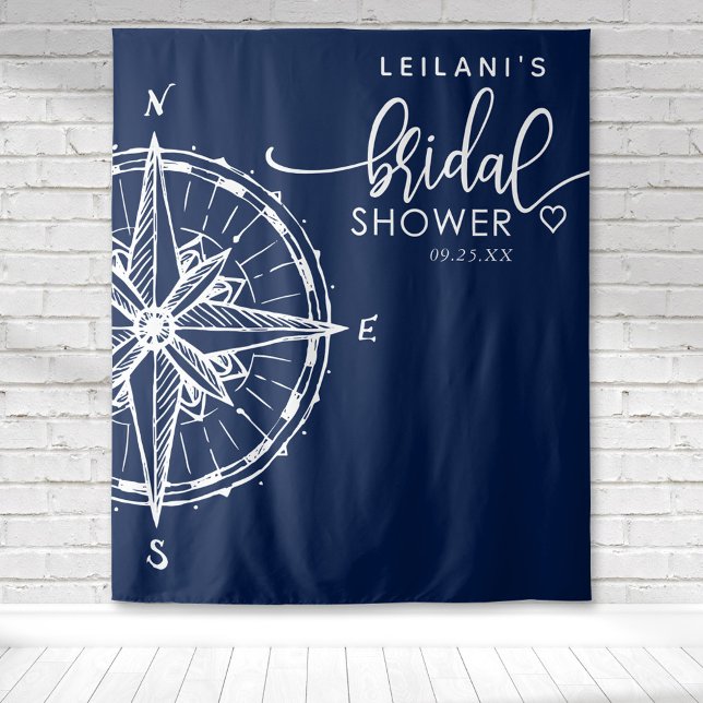 Tapiz Nautical Compass Bridal Shower Navy Tapestry (Nautical Bridal Shower with a compass rose with a navy blue background backdrop for photo ops.)