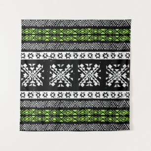 Tapiz Navajo tribal, patrón verde blanco negro.