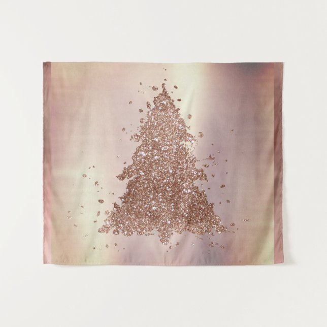 Tapiz Navidad elegante | Árbol de rubor dorado rosa glam (Anverso (horizontal))