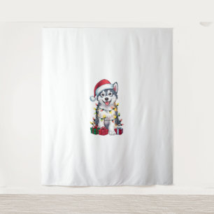 Tapiz Navidad iluminando Santa Hat Perro Malamute Alaska