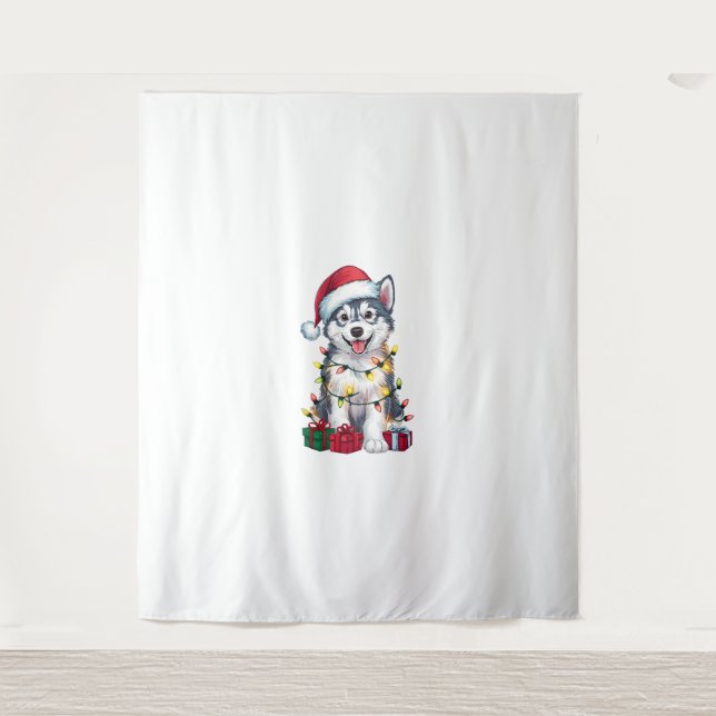Tapiz Navidad iluminando Santa Hat Perro Malamute Alaska (Anverso)