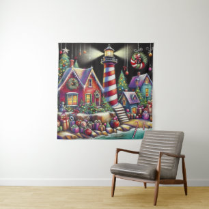 Tapiz Navidades caprichosos faro morado rosado rojo