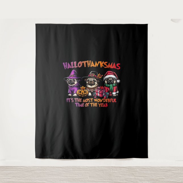 Tapiz Navidades de Acción de Gracias de Pug Halloween Cl (Anverso)