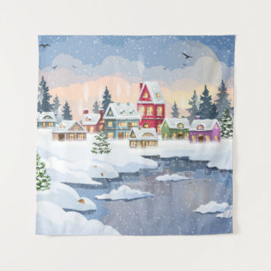 Tapiz Navidades de invierno con casa cubierta de nieve