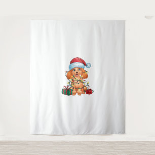 Tapiz Navidades de perro caniche de Santa Hat iluminando
