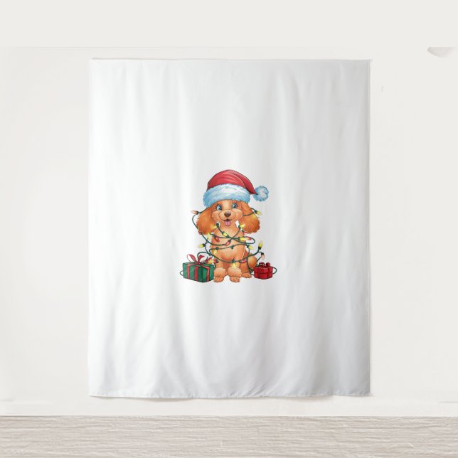 Tapiz Navidades de perro caniche de Santa Hat iluminando (Anverso)