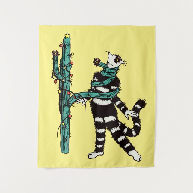 Tapiz Navidades Gato Y Cactus Xmas Extraños (Anverso)