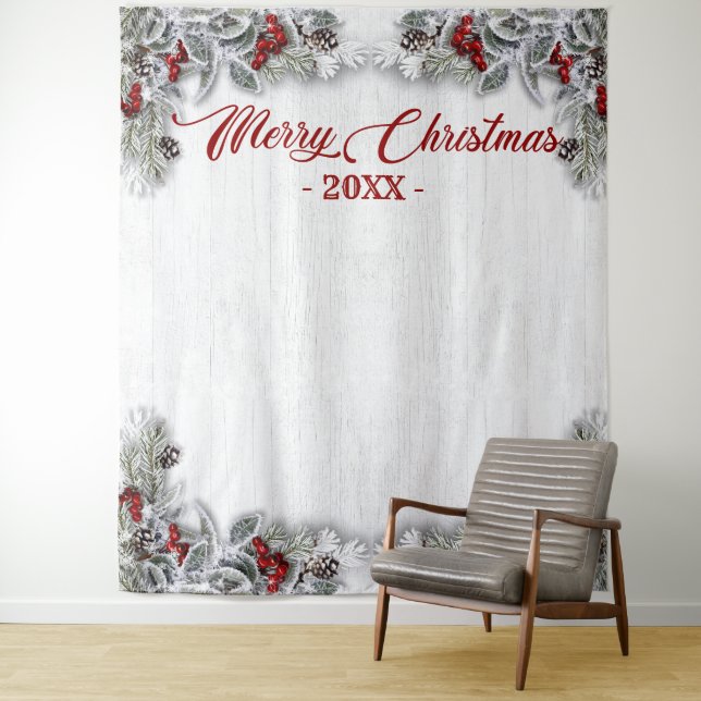 Tapiz Navidades Holly Pine Rustic Photo Booth Fondo (In situ)