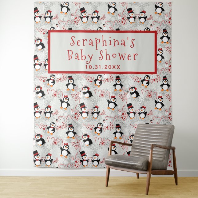 Tapiz Navidades Peppermint Penguins Baby Shower Fondo (In situ)