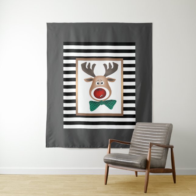 Tapiz Navidades tarjeta de ciervo rayas blanco negro cel (In situ)