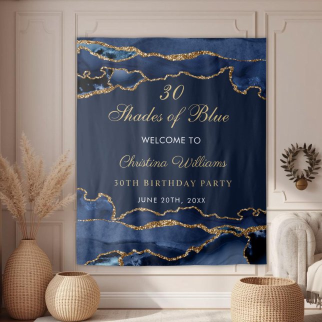 Tapiz Navy Blue & Gold Shades of Blue Birthday Backdrop (Elegant Navy Blue & Gold Shades of Blue Birthday party Backdrop)