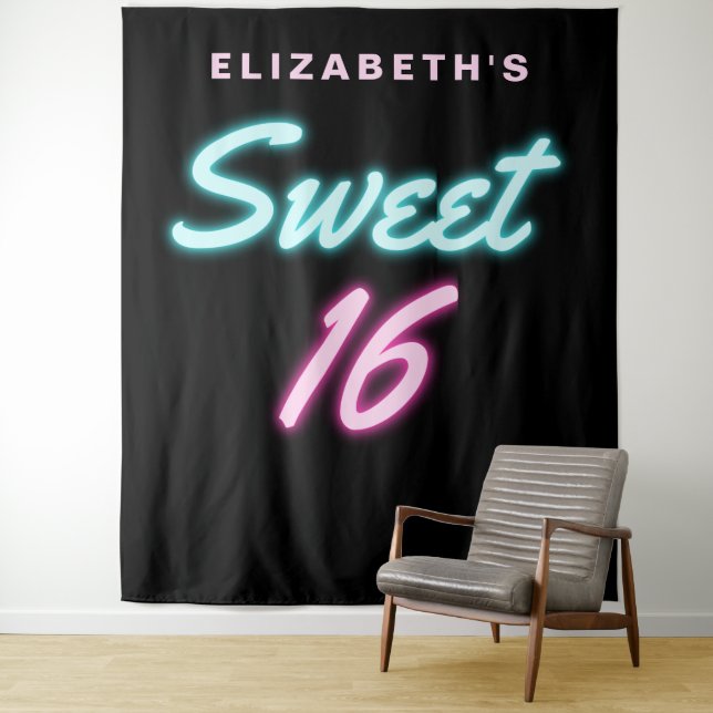 Tapiz Neon Lights Sweet 16 Birthday Party Tapestry (In situ)
