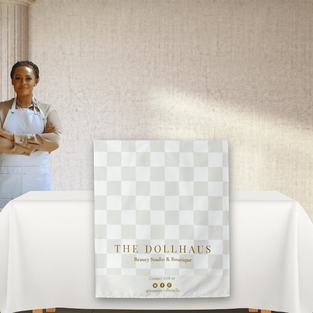 Tapiz Neutral Tan Checkered Business Name Table Runner (Subido por el creador)