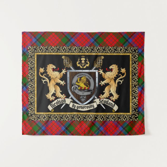 Tapiz Nicolson Clan Badge & Motto con Leones (Anverso (horizontal))