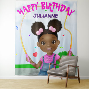 Tapiz Niña Afroamericana Saltando a la Comba Feliz Cumpl