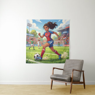 Tapiz Niña de dibujos animados linda jugando fútbol