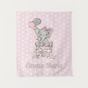 Tapiz Niña Elefante Globos Rosa y Plateados Nombre