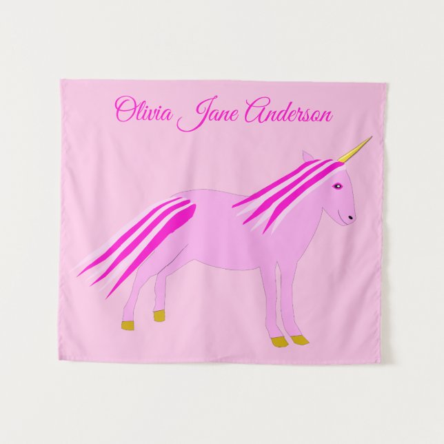 Tapiz Niña Rosa bonito Unicorn Nombre Personalizado Nurs (Anverso (horizontal))