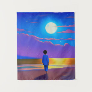 Tapiz Niño en la playa, mirando a la luna