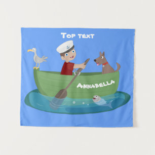 Tapiz Niño marinero lindo y perro remando barco dibujo a
