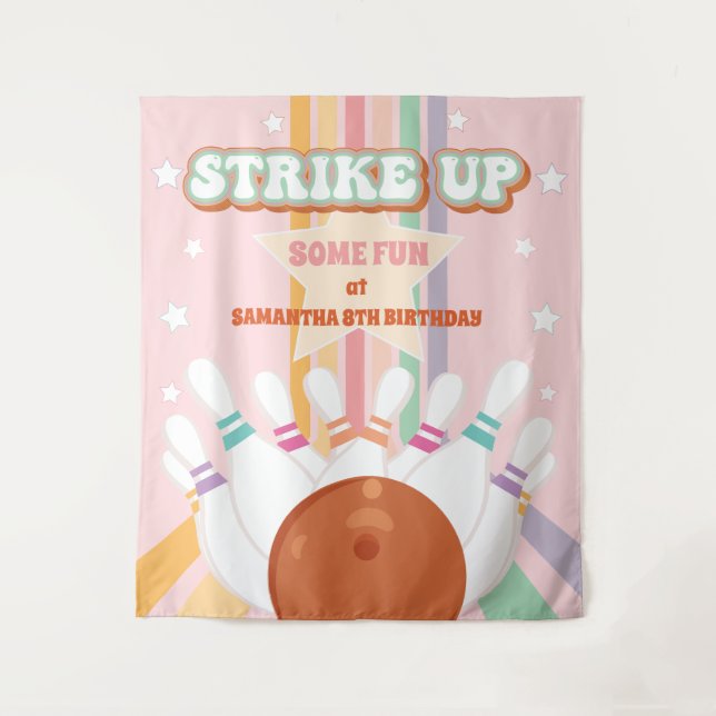 Tapiz Niños de boliche retro fondo Fiesta de cumpleaños (Anverso)