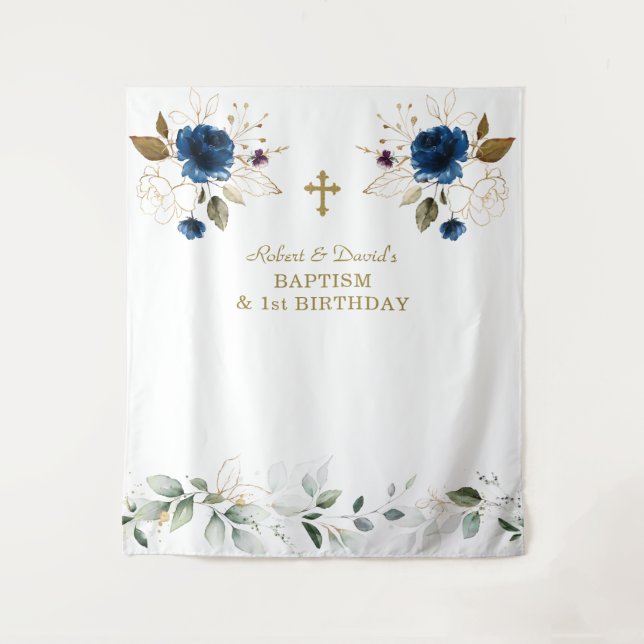 Tapiz Niños Mellizos Floral Azul Cumpleaños 1 Bautizo  (Anverso)