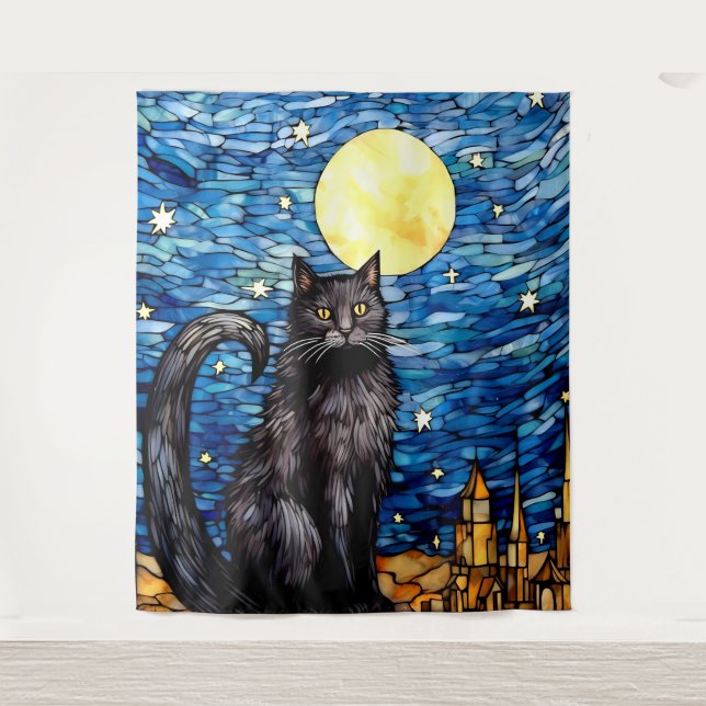 Tapiz Noche estrellada de gato negro de vidrio manchado (Anverso)