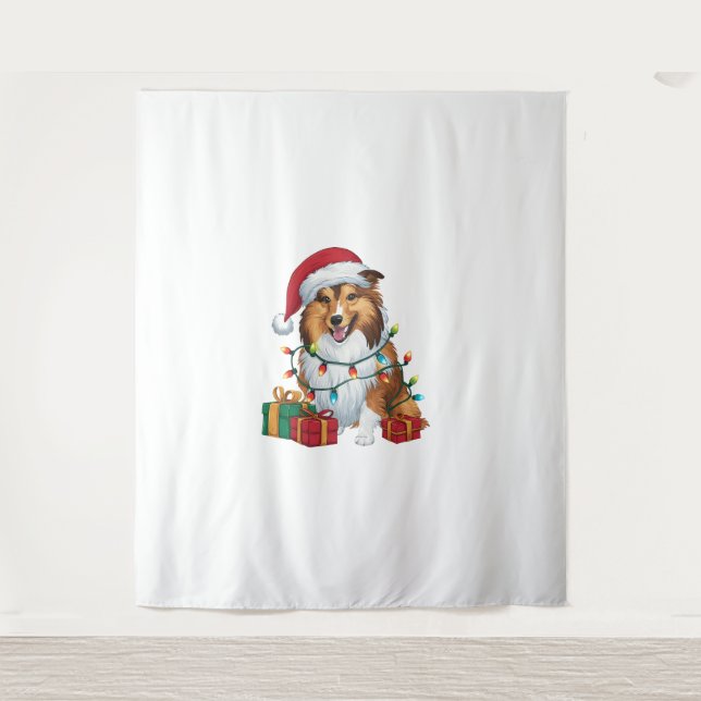 Tapiz Noches iluminando Santa Hat Shetland Sheepdog Chri (Anverso)