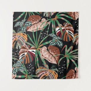 Tapiz Noir tropical: Patrón de bosque exótico oscuro