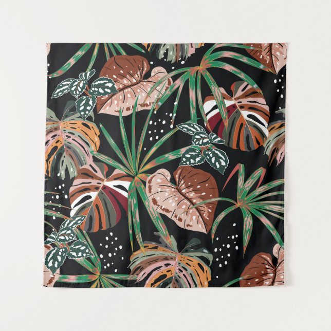 Tapiz Noir tropical: Patrón de bosque exótico oscuro (Anverso)