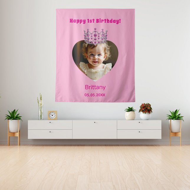 Tapiz Nombre de cumpleaños foto bebé tiara rosa bienveni (Subido por el creador)